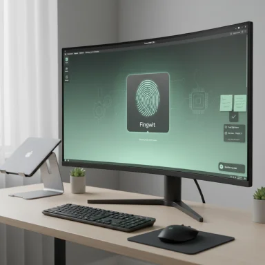 Neat desk setup with a large monitor showing a fingerprint login screen (Fingwit).