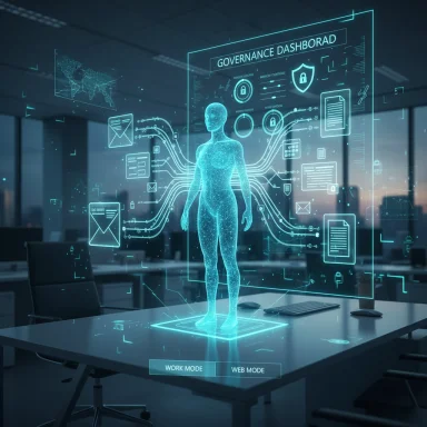 A holographic 3D human figure with a governance dashboard projected over a conference table.