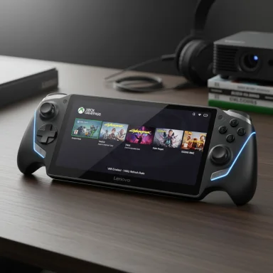 Lenovo handheld gaming console on a desk, displaying the Xbox Game Pass library.