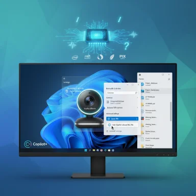 A widescreen monitor shows Windows with Copilot+ and a webcam, set against a blue tech background.