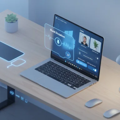 A futuristic laptop on a wooden desk shows a holographic Fluid Dictation interface.