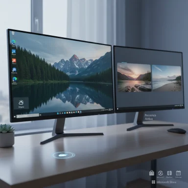 A sleek dual-monitor setup on a wooden desk with nature wallpapers and a small plant.