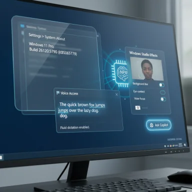 A computer monitor shows futuristic holographic Windows 11 UI panels for Settings, Voice Access, and Studio Effects.