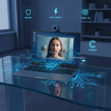 Laptop on glass desk with holographic AI overlays: privacy, low latency, local AI, Copilot.