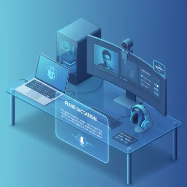 A futuristic desk with holographic dictation UI, video-call monitor, laptop, webcam, and headset.