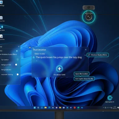 Windows desktop featuring Fluid Dictation and Studio Effects overlays on a blue abstract wallpaper.