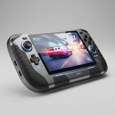 MSI handheld game console with dual sticks displaying a fast racing game.