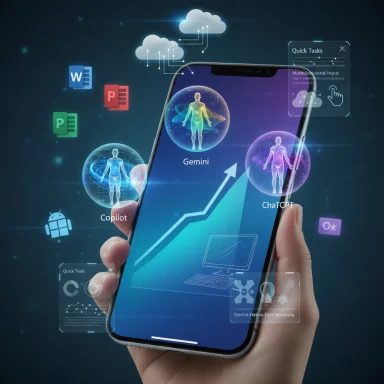 A hand holds a smartphone with floating AI avatars (Gemini, ChatGPT, Copilot) and cloud/task icons.