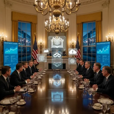 Officials sit around a long table in a grand room as holographic icons float above.