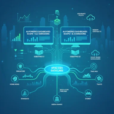 AI-powered dashboard mapping Scope 1 & 2 emissions to the APAC ESG Data Lake with global city nodes.