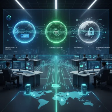 A futuristic control center with three glowing globes and a global digital network.
