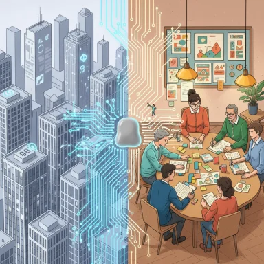 A glowing circuit bridge connects a futuristic city to a team collaborating around a round table. A glowing circuit bridge connects a futuristic city to a team collaborating around a round table.