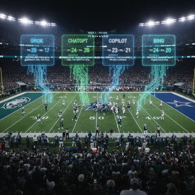 A night football game with neon holographic AI scoreboards for Grok, ChatGPT, Copilot and Bing above the field.