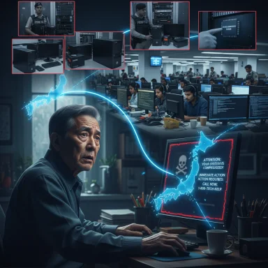 An older man at a computer faces a global cyberattack as a system compromised alert glows on his screen.