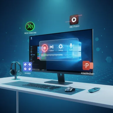 Futuristic desk setup with a monitor and floating app icons (Xbox Game Bar, OBS Studio, ShareX).