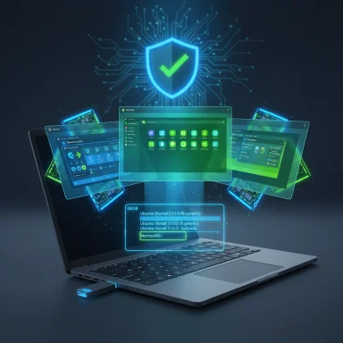 Futuristic cybersecurity scene with a glowing shield and floating UI panels around a laptop.