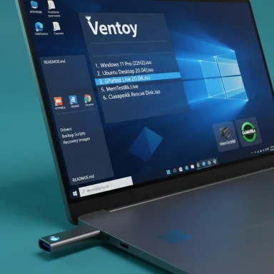 Laptop displaying a Ventoy boot menu with ISO options; a USB drive is plugged into the side.