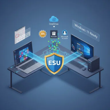 Two laptops linked by an ESU shield, showing cloud services and Windows 11 readiness.