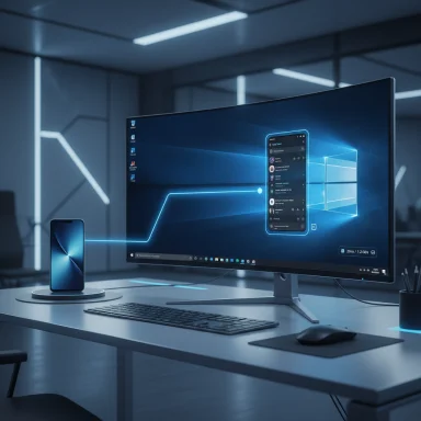 Futuristic workspace with a large monitor, wireless keyboard/mouse, and a smartphone on a charging stand.