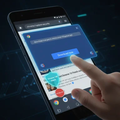A finger taps a blue popup saying “Download now” for a Chrome patch on a smartphone.