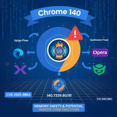 Chrome 140 memory-safety flaw enabling remote code execution (CVE-2025-9864).