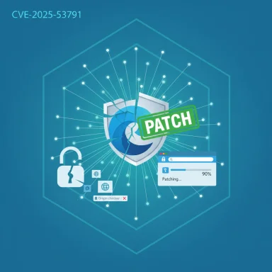 Illustration of patching a software vulnerability (CVE-2025-53791) with a shield and progress bar. Illustration of patching a software vulnerability (CVE-2025-53791) with a shield and progress bar.