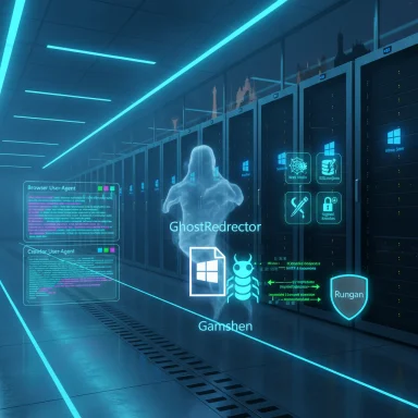 Futuristic data center with a glowing holographic interface and ghostly icons.