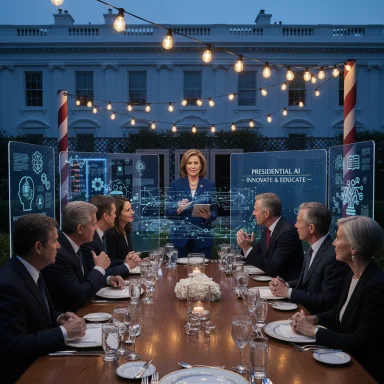 Leaders discuss AI innovation at an outdoor dinner, with screens titled 'Presidential AI — Innovate & Educate'.