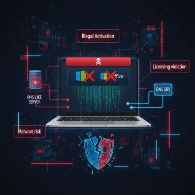 Cybersecurity illustration showing illegal activation, licensing violations, and malware risk around a laptop.