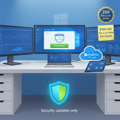 A multi-monitor workstation promoting Windows security updates, with a glowing shield icon.