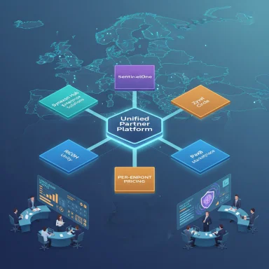 A central Unified Partner Platform links SentinelOne, Zyxel Circle and other partners on a global map.