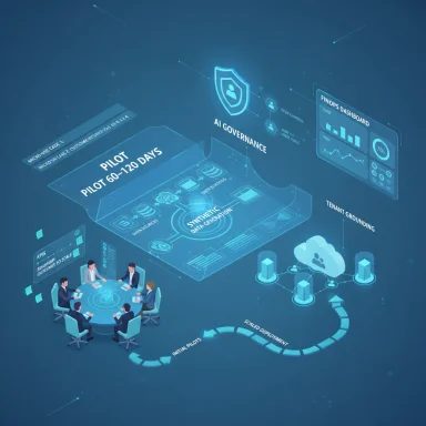 Futuristic AI governance visualization showing pilots, dashboards, cloud nodes and a round-table team.