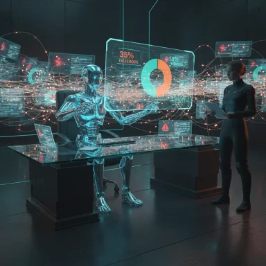 In a high-tech command room, a holographic android and a woman review data dashboards.
