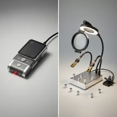 Left: laser-equipped handheld device; right: magnifying inspection station with ring light.