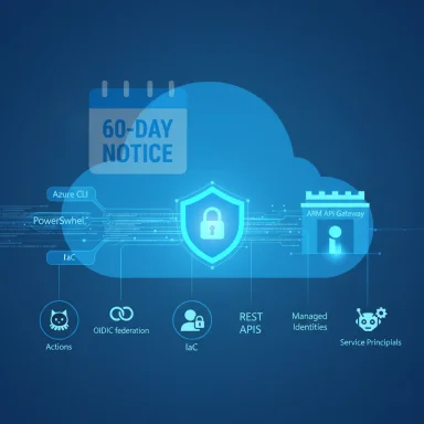 Blue cloud security diagram with a shield lock and identity icons, plus a 60-DAY NOTICE banner.
