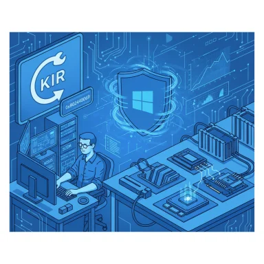 A technician works at a computer in a blue data center, with a glowing shield and Windows logo.