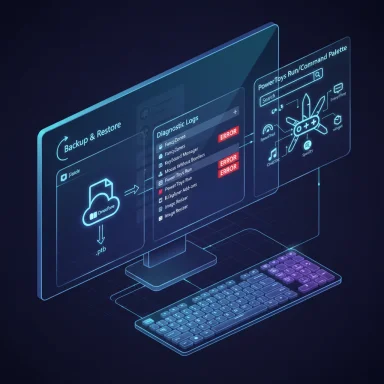 Futuristic holographic screens display backup/restore and diagnostic panels above a glowing keyboard.