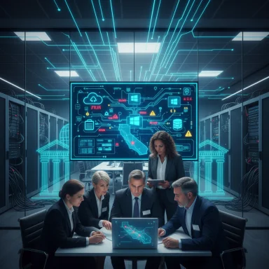 A diverse team collaborates in a neon-lit data center, studying a glowing digital dashboard.