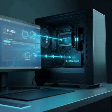 A futuristic desktop PC with a transparent side panel showing blue holographic data flow between SSDs.