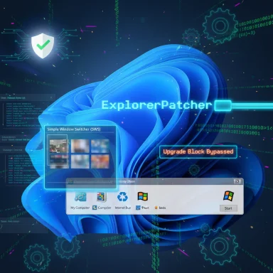 Futuristic cyber scene with an ExplorerPatcher overlay, glowing Start menu, and an 'Upgrade Block Bypassed' sign.