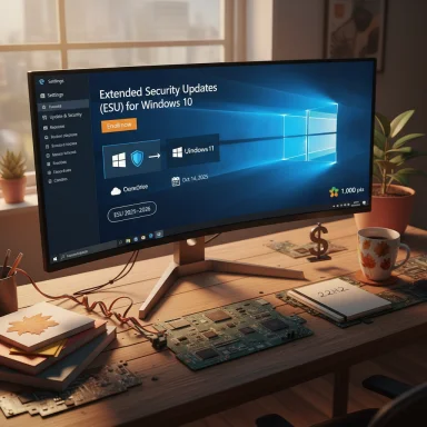 A desktop monitor displays the Windows 10 ESU update screen on a desk with a motherboard, mug, and plants.