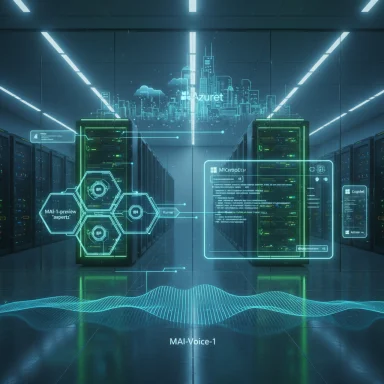 Futuristic data center with neon holographic dashboards and a city skyline overlay.
