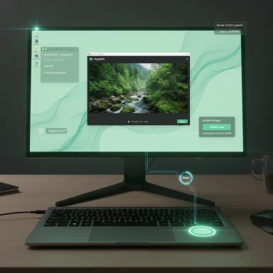 Futuristic desk setup with a glowing green UI monitor and a palm-scanner on the keyboard.