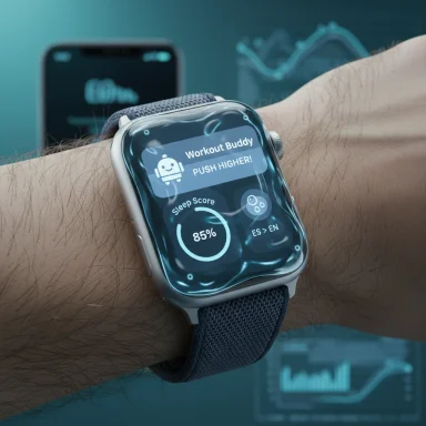 Smartwatch on the wrist shows Workout Buddy and an 85% sleep score.