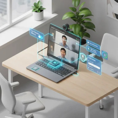 A laptop on a desk displays glowing holographic UI panels for a video conference.