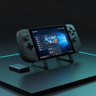 A turquoise handheld gaming console running Windows, propped on a stand on a neon-lit desk.