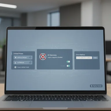 Laptop displaying a software dashboard with AI Discovery and Debloat presets.