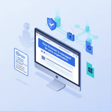 Computer monitor shows 'Your browser is managed by your organization' amid security and network icons.