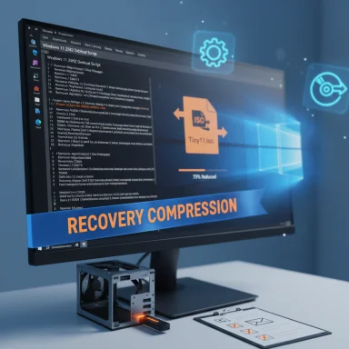 A monitor displays a 'RECOVERY COMPRESSION' banner with a Tiny11 ISO icon and recovery UI.