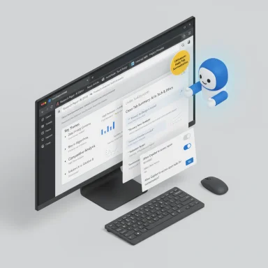 A blue, friendly robot leans from a computer monitor displaying a data analytics dashboard.